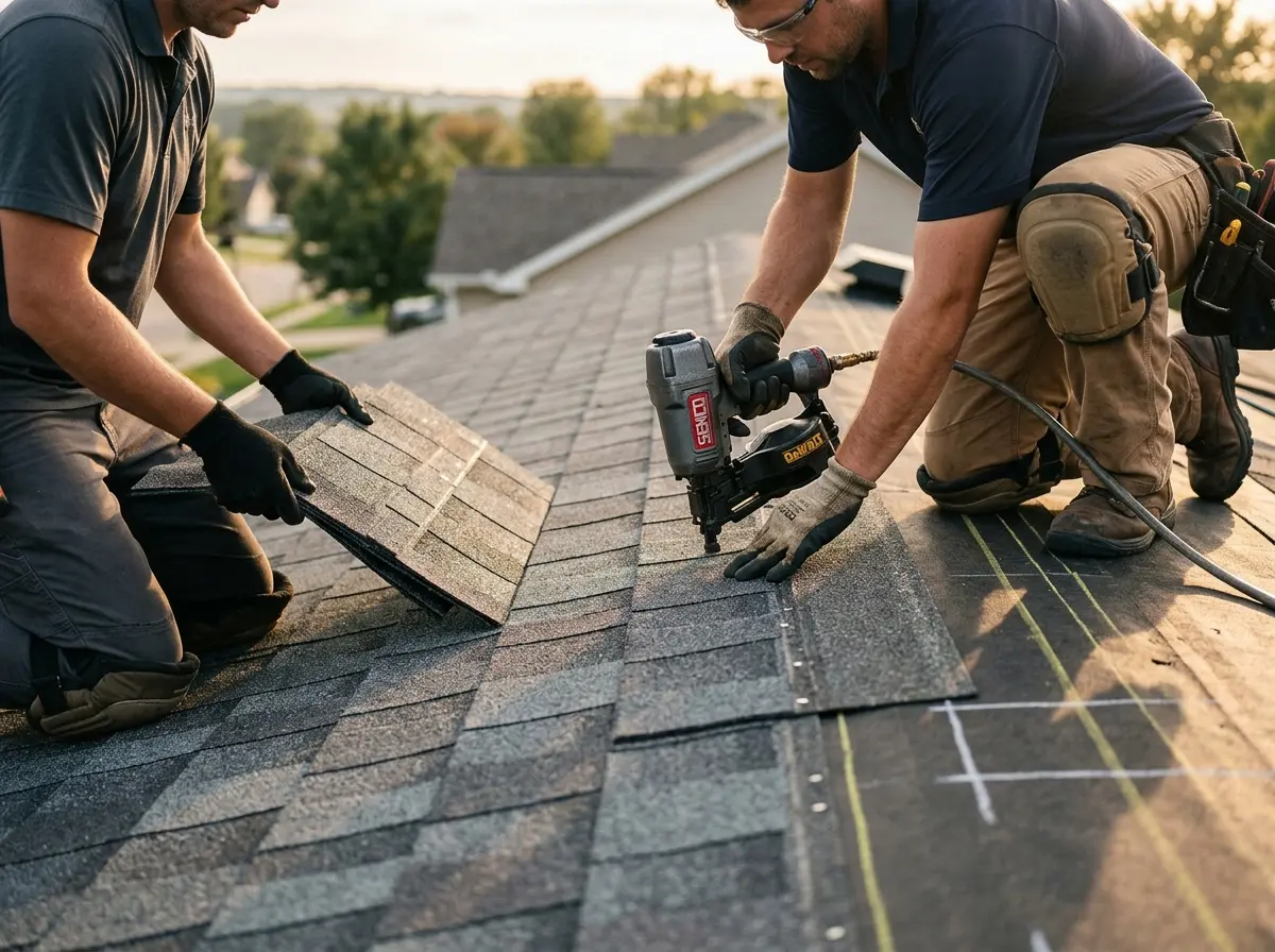 Professional roofer working on a residential roof in Golden Valley